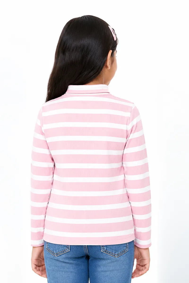 Lycra Striped Full Sleeve T-Shirt for Girls - Dusty Pink - View 11