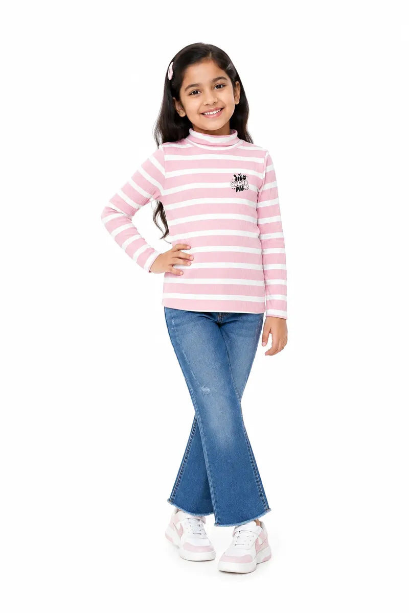 Lycra Striped Full Sleeve T-Shirt for Girls - Dusty Pink - View 12
