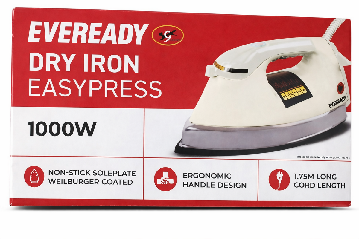 Eveready EasyPress Dry Iron 1000W – Non-Stick Weilburger Coated Soleplate with Ergonomic Handle HalfPe - FW -TPT