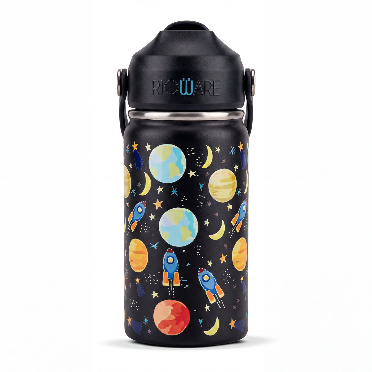 Rioware water bottle for Kids girls boys School Insulated Stainless Steel 350ml Upto 12 Years | Double Wall Vacuum | 24 Hrs Cold & 12 Hrs Hot | Leakproof Flip Top with Straw | Carry Loop - Black