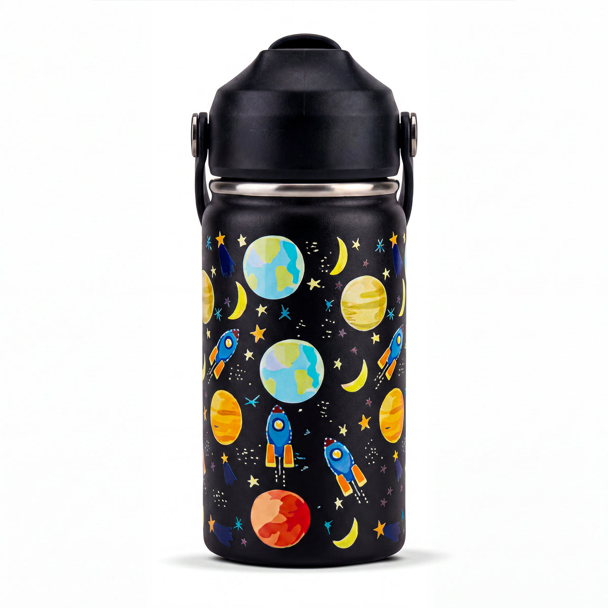 Rioware water bottle for Kids girls boys School Insulated Stainless Steel 350ml Upto 12 Years | Double Wall Vacuum | 24 Hrs Cold & 12 Hrs Hot | Leakproof Flip Top with Straw | Carry Loop - Black