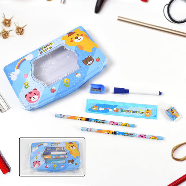 Big Cartoon Printed Metal Compass Box Pencil Case With Sharpener Eraser Pencil Marker Scale For Kids Stationery Compass Box Stationery Gift For School Kids Compass Pencil Box Birthday Return Gift For Kids (6 Pc Set)