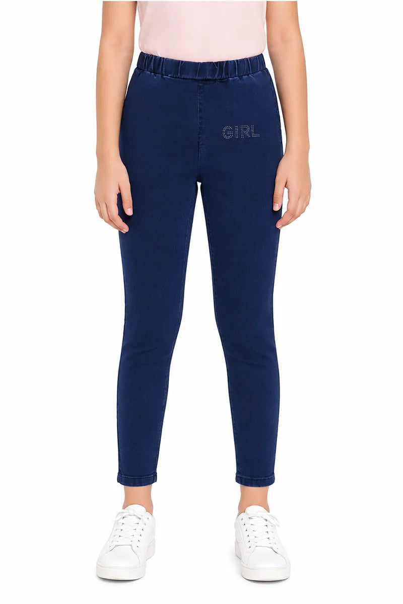 Girl's Denim Solid Stretchable Jeggings - Dark Blue - View 9