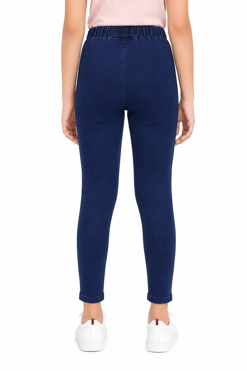 Girl's Denim Solid Stretchable Jeggings - Dark Blue - View 11
