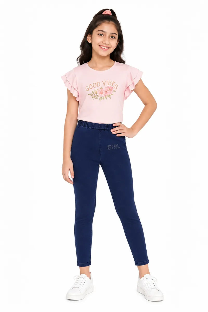 Girl's Denim Solid Stretchable Jeggings - Dark Blue - View 12