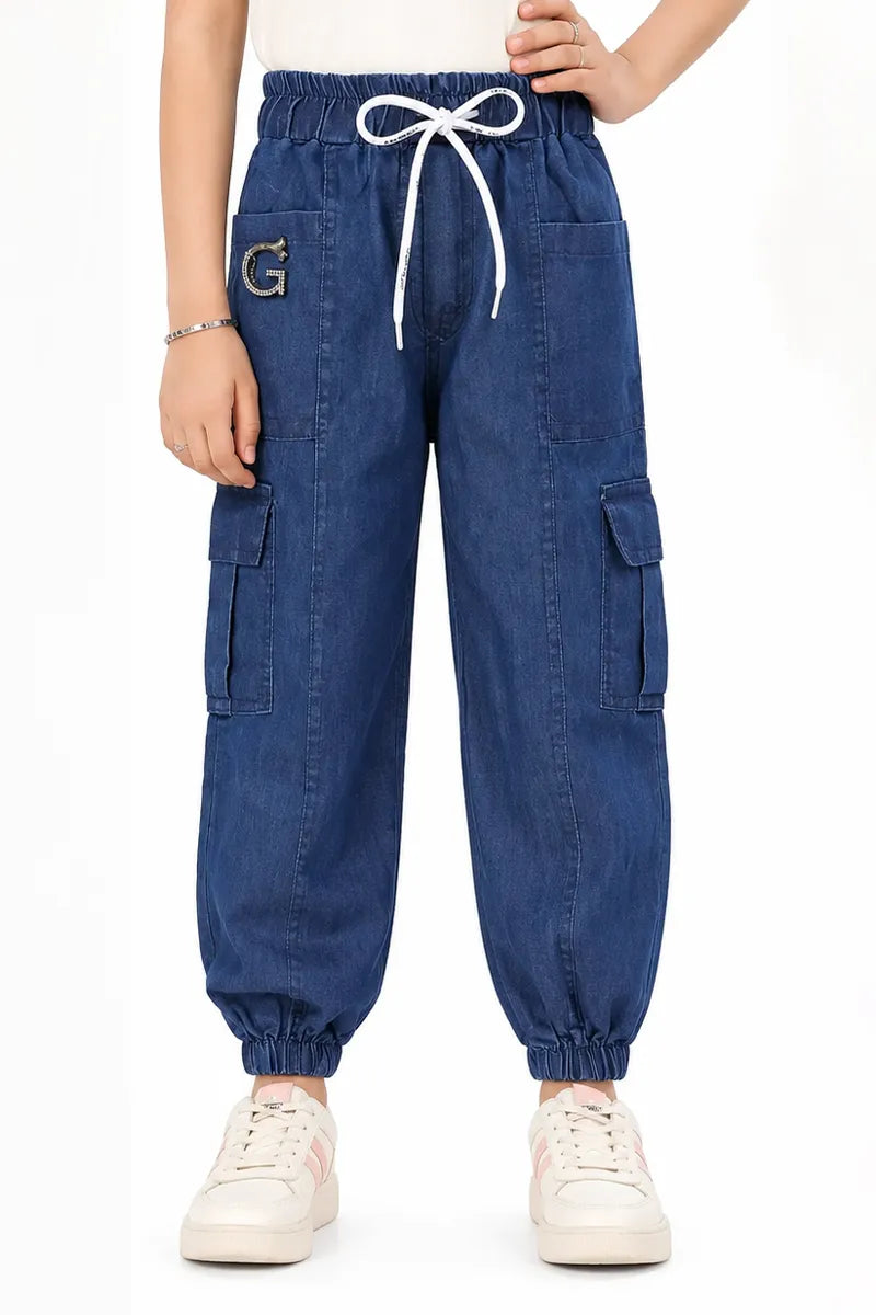 Girl's Denim Solid Joggers Pant - Blue - View 1