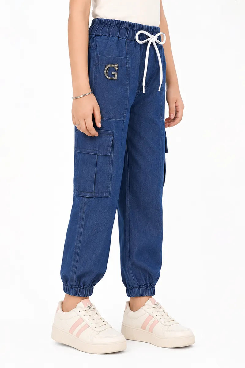 Girl's Denim Solid Joggers Pant - Blue - View 2