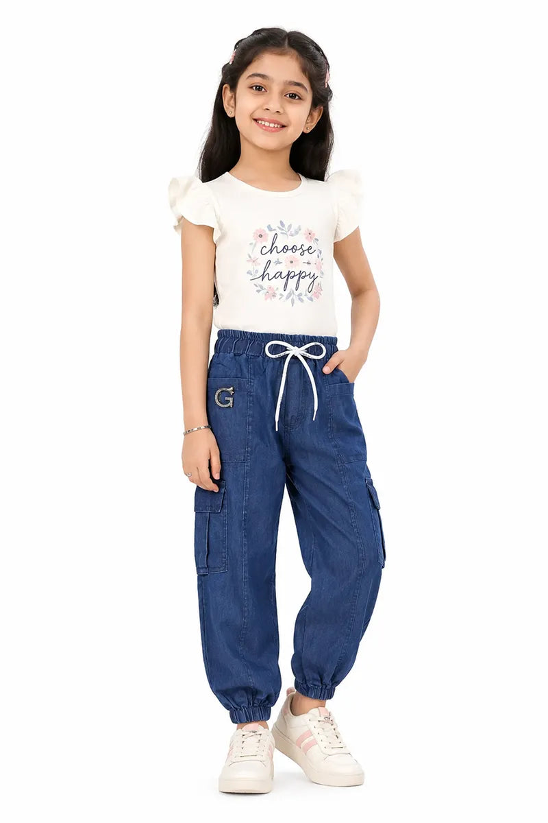 Girl's Denim Solid Joggers Pant - Blue - View 4