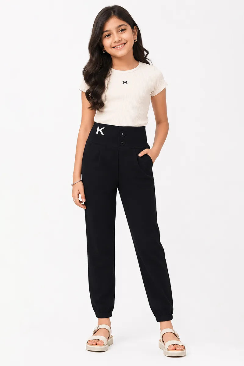 Girl's Lycra Solid Skinny Fit Joggers - Black - View 4
