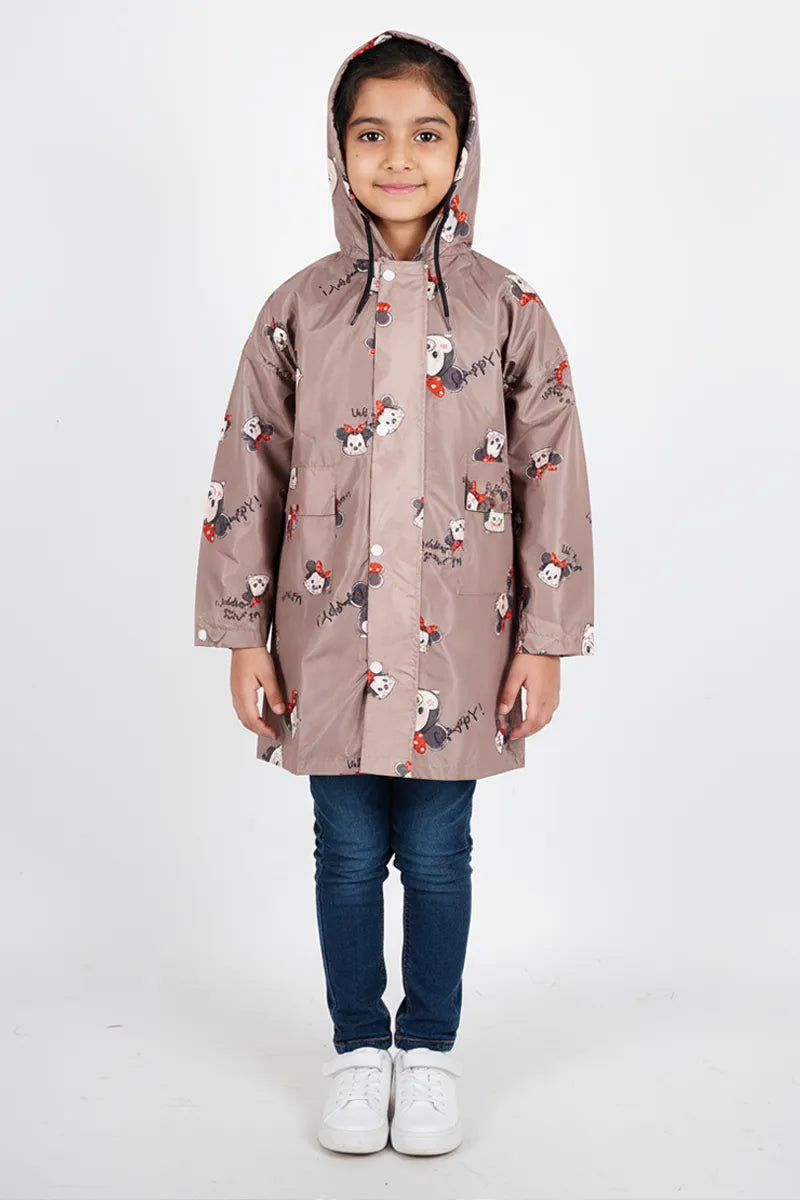 Girl's Nylon Printed Waterproof Rain Jacket - Brown - View 2