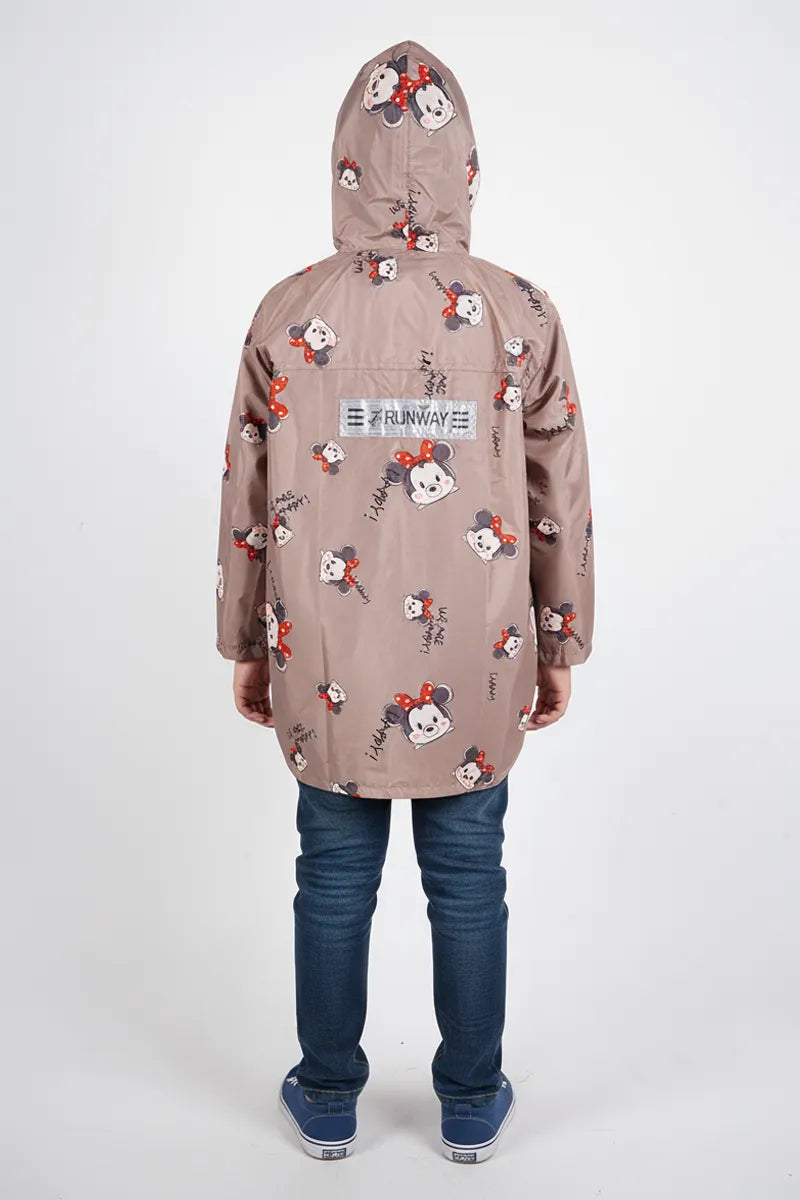 Girl's Nylon Printed Waterproof Rain Jacket - Brown - View 3