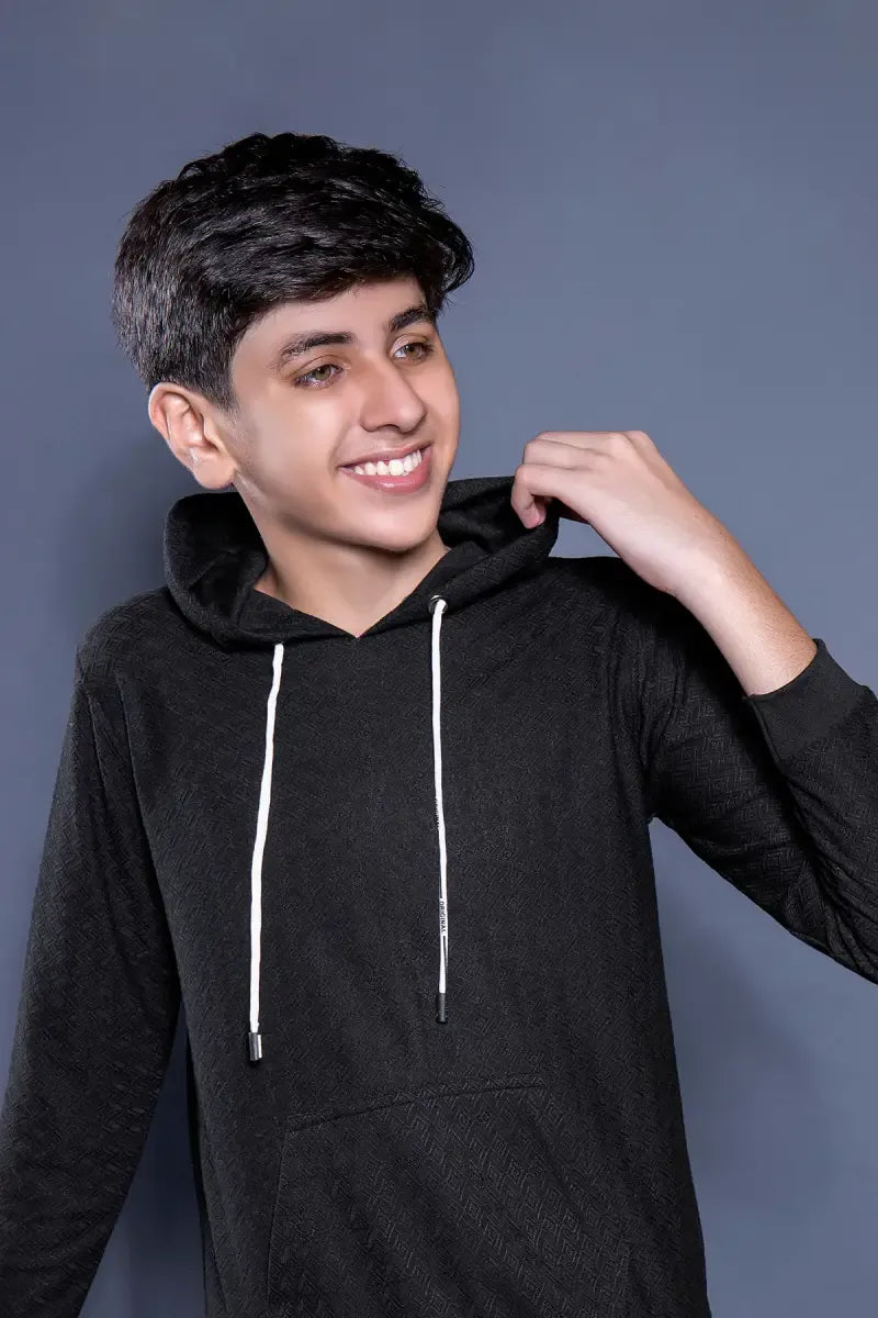 Self Design Cotton Hoodie for Boys - Black - View 2