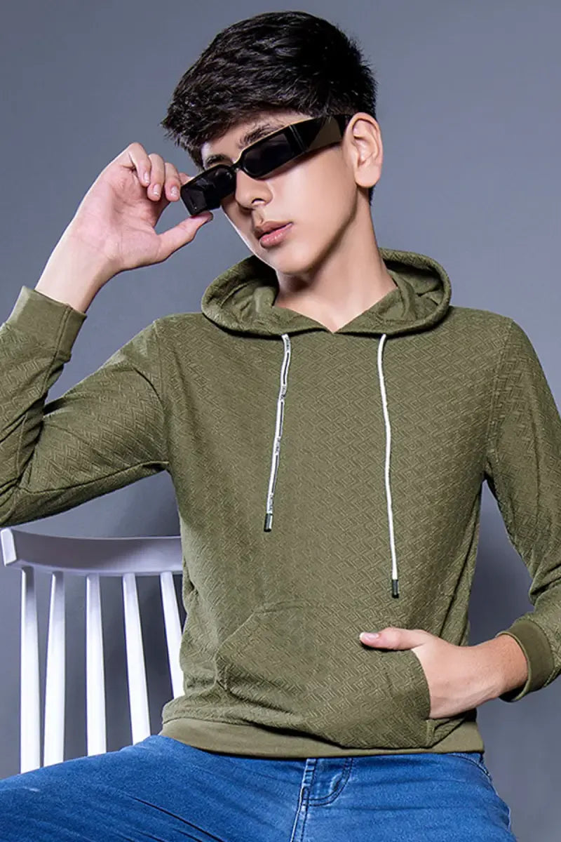 Self Design Cotton Hoodie for Boys - Olive - View 21
