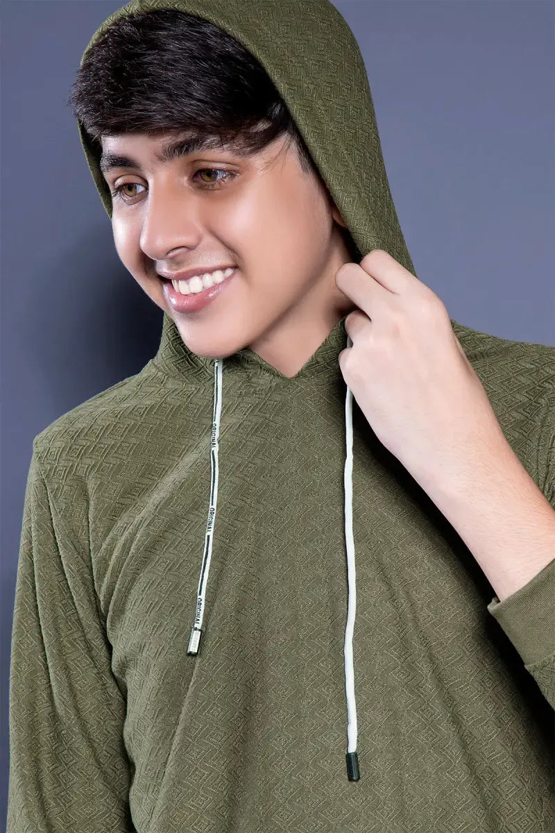 Self Design Cotton Hoodie for Boys - Olive - View 22