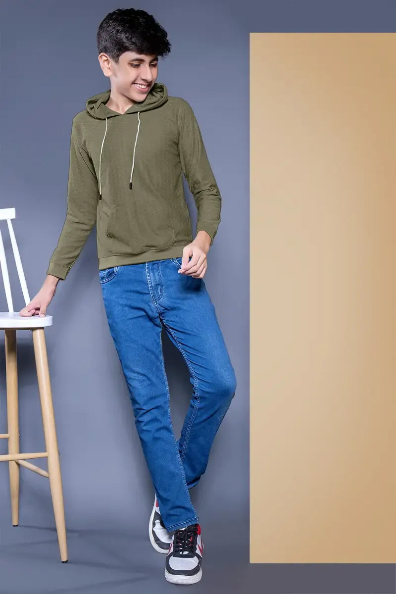 Self Design Cotton Hoodie for Boys - Olive - View 24
