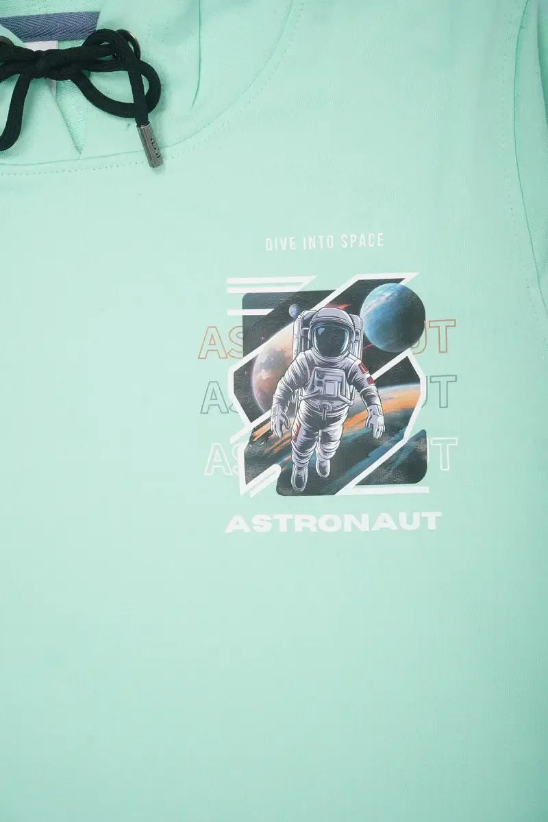 Printed Cotton Hoodie for Boys - Turquoise - View 3