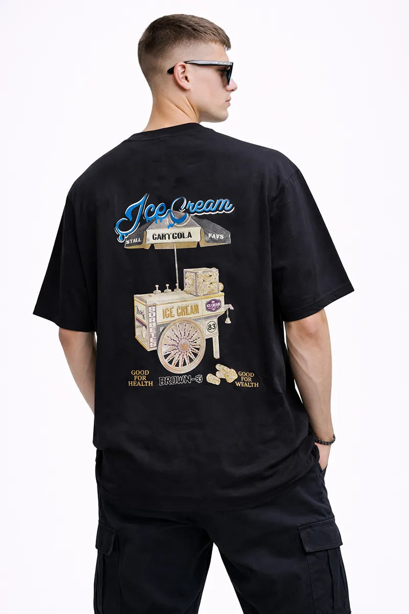 Drop Shoulder Printed T-shirt for Men - Black