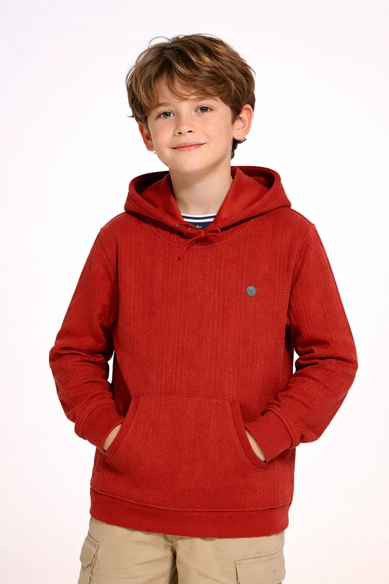 Boy's Self Design Casual Hoodie - Maroon - View 1