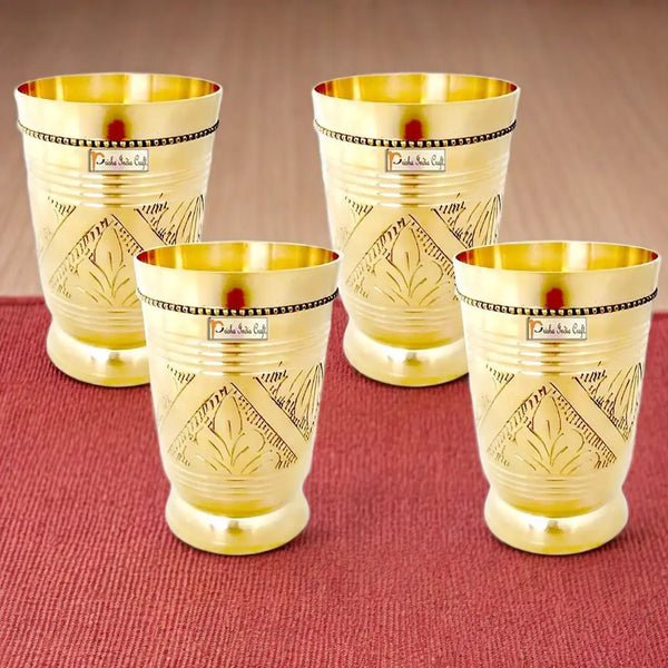 Pure brass mughlai style embossed design glass tumbler (set of 4x250ml) | PRISHA INDIA CRAFT Prisha India Craft