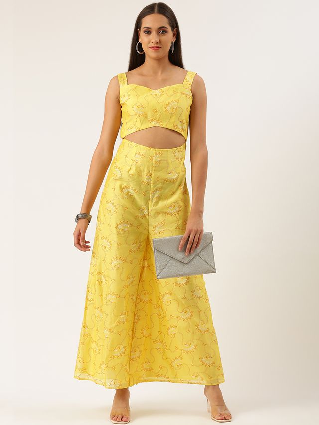 Bollywood Vogue Ready To Wear Yellow Foil Printed Jumpsuit