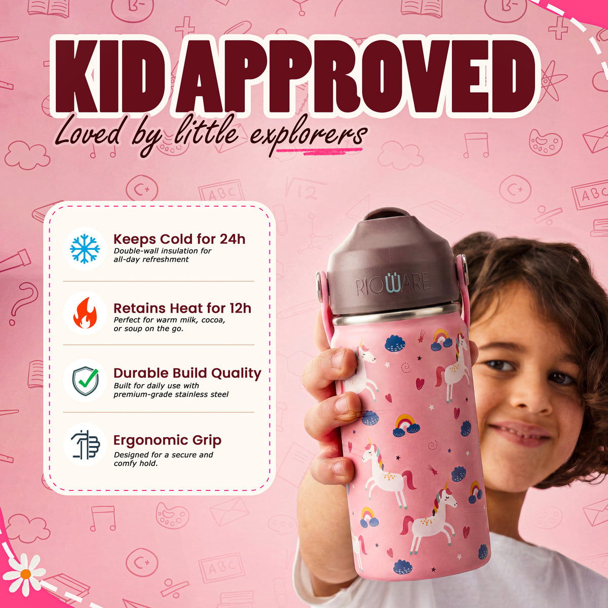Rioware Kids Insulated Stainless Steel Water Bottle 350ml | Double Wall Vacuum | 24 Hrs Cold & 12 Hrs Hot | Leakproof Flip Top with Straw | BPA-Free | School Bottle with Carry Loop (350 Ml, Pink)