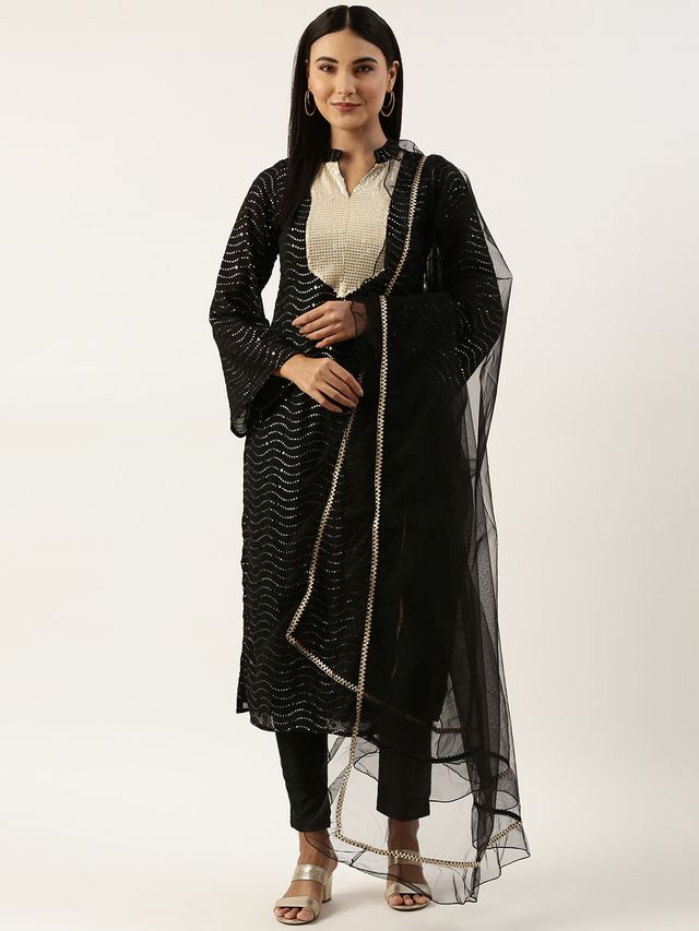 Bollywood Vogue Ready To Wear Black Georgette Sequins Narrow Straight Pant Suit