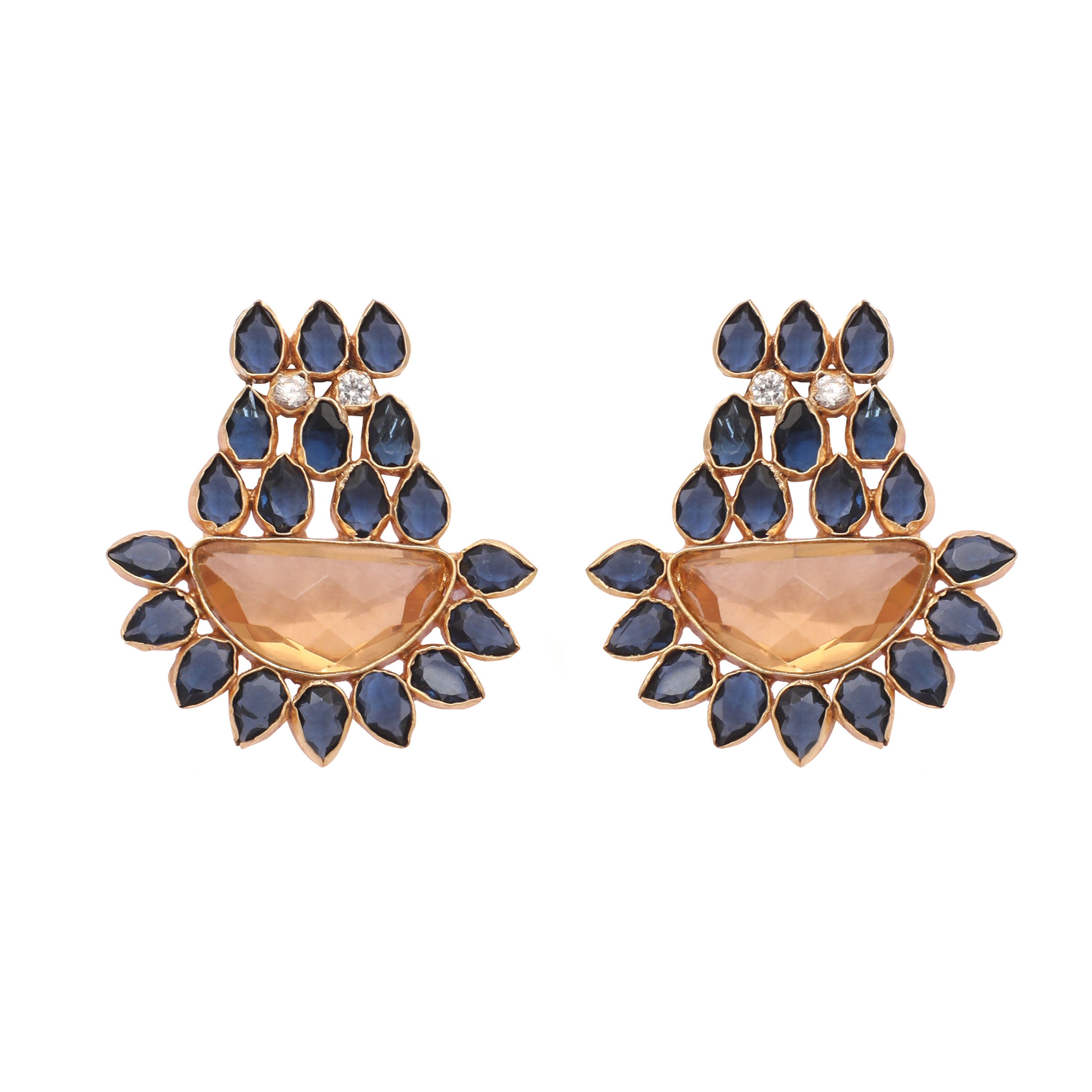 22K Gold Plated Crystal Studded Contemporary Floral Shaped Stud Earrings