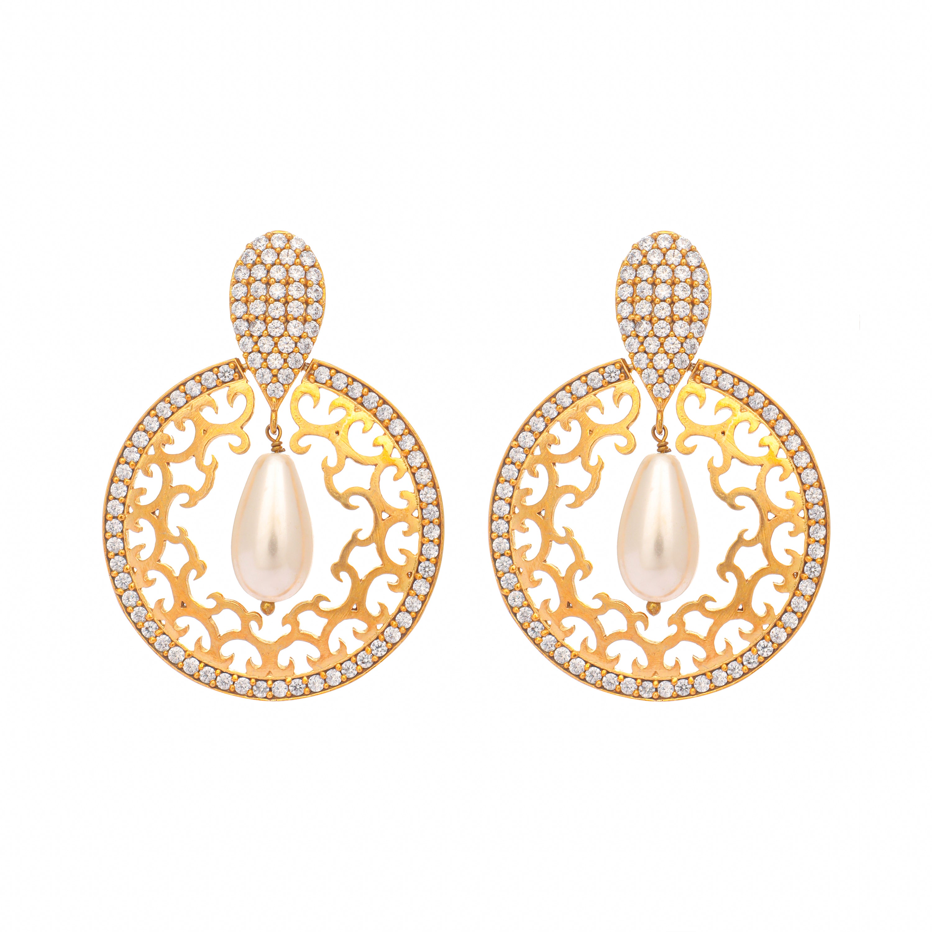 22K Gold Plated Cubic Zirconia Pearl Chandbalis
