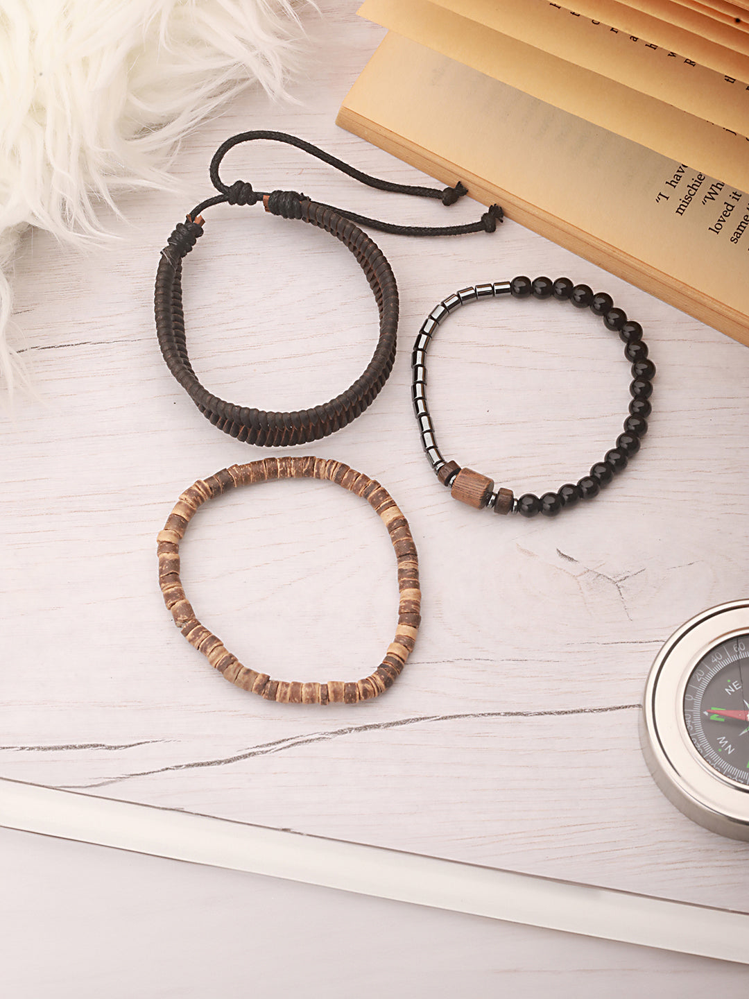 Jazz And Sizzle Men Set of 3 Brown Beaded & Coffee Brown Leather Bracelet