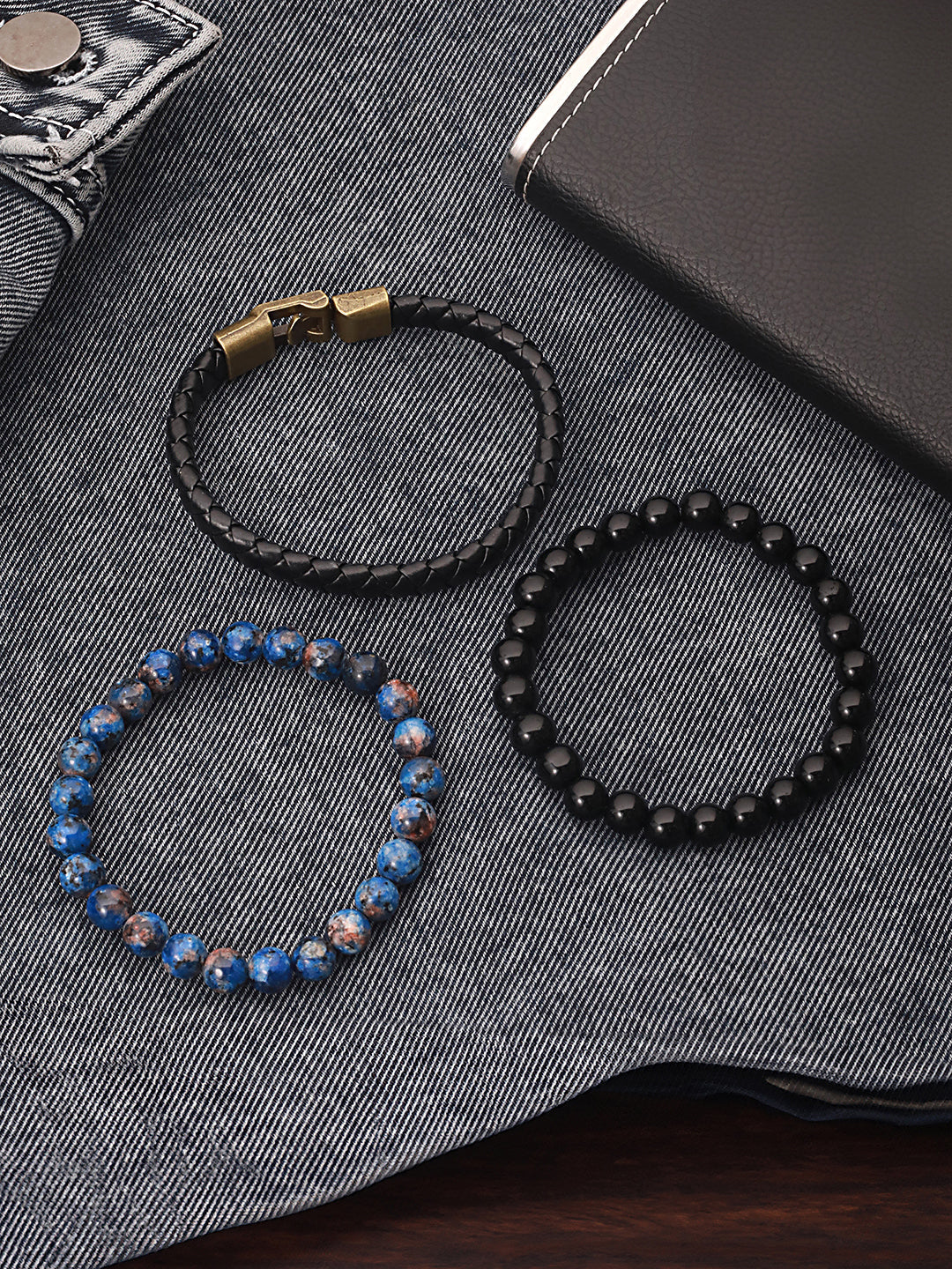 Jazz And Sizzle Men Set of 3 Black & Blue Multistrand Bracelets