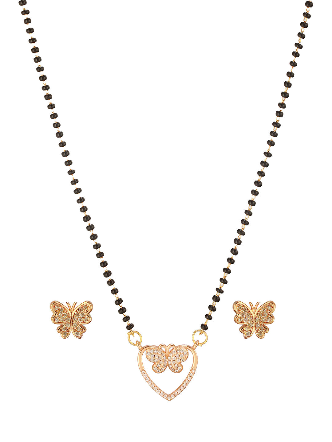 18K Rose Gold-Plated Cubic Zirconia Studded Butterfly Mangalsutra Set with Black Beads & Earrings