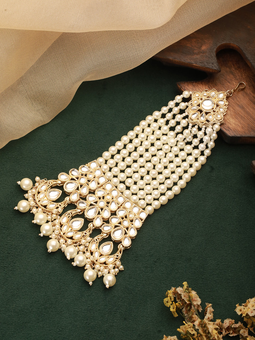 Gold-Plated White Kundan Studded & Beaded Chand Jhumar Passa