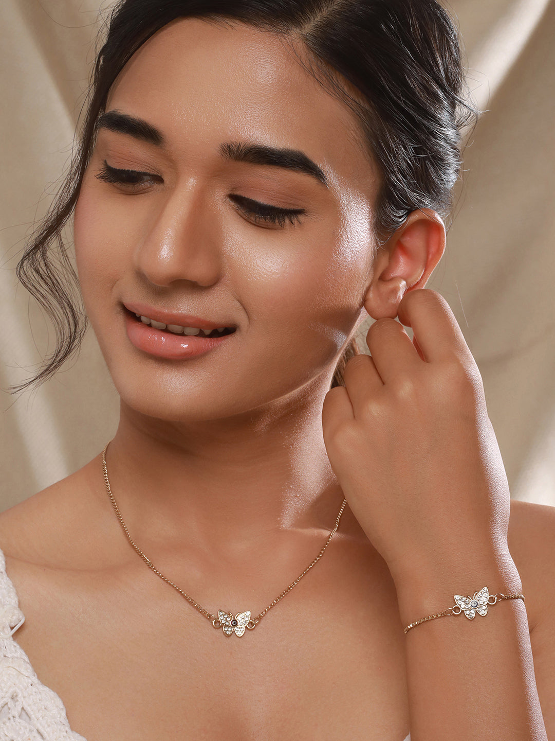 Jazz And Sizzle Gold-Plated CZ Studded Butterfly Charm Necklace & Bracelet Set