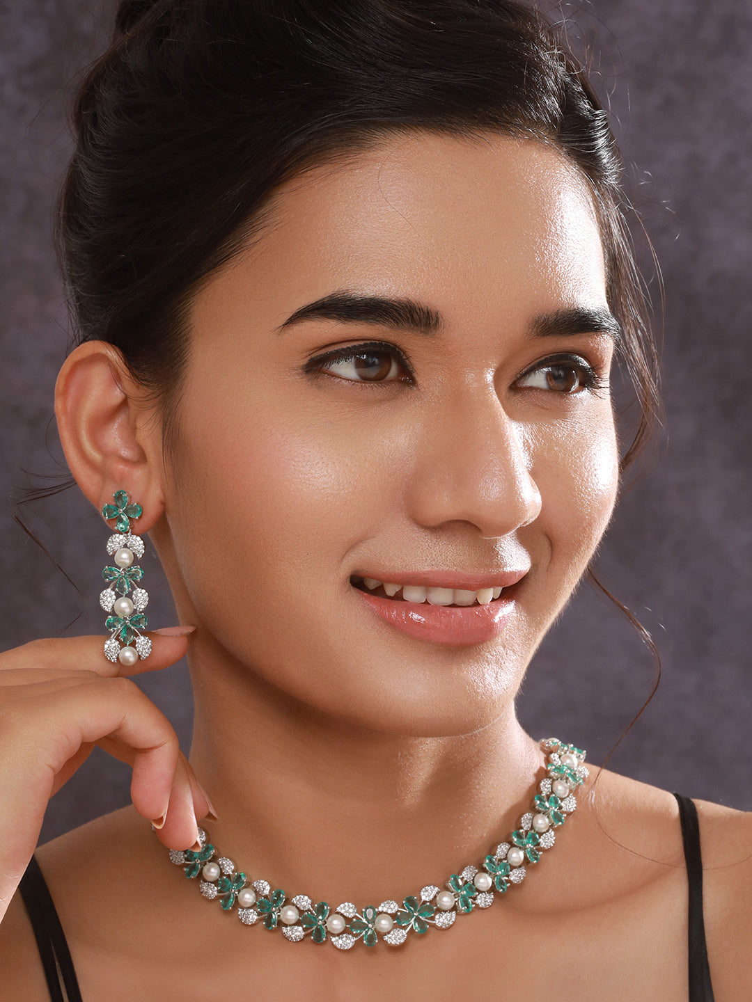 Jazz And Sizzle Rhodium -Plated Mint Green American Diamond Studded Handcrafted Jewellery Set
