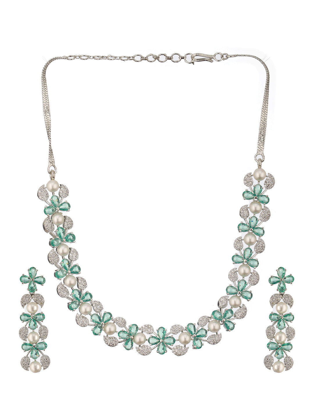 Jazz And Sizzle Rhodium -Plated Mint Green American Diamond Studded Handcrafted Jewellery Set