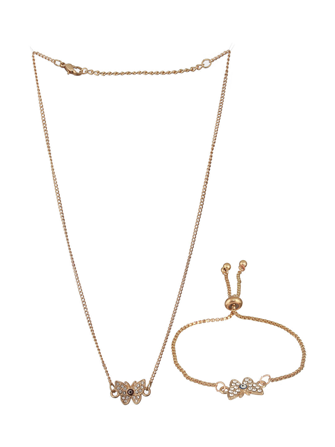Jazz And Sizzle Gold-Plated CZ Studded Butterfly Charm Necklace & Bracelet Set
