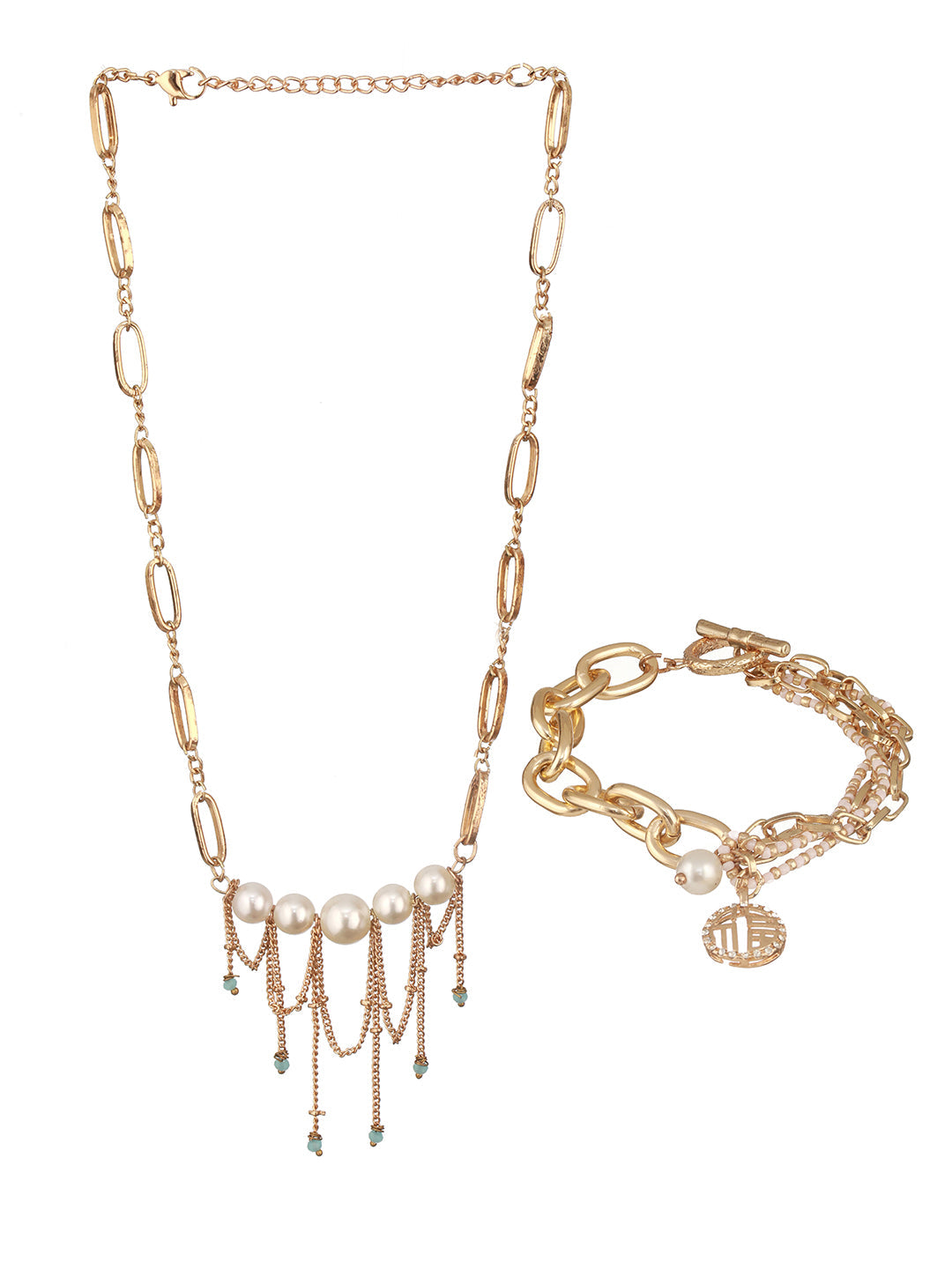 Jazz And Sizzle Set of 2 Gold-Plated Pearls & Charm Beaded Necklace Chain & Bracelet