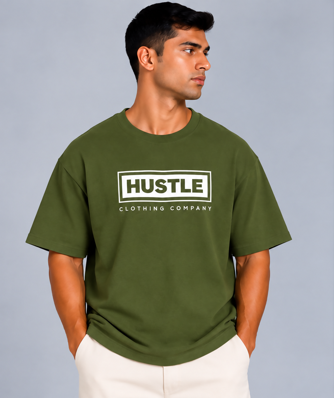 HUSTLE Men's Crew Neck Oversized Tees - Dark Olive Green