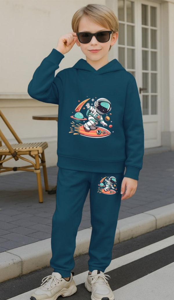 Stylish Kids Cotton Blend Sweatshirt & Track Pant Set with Hood – Blue Printed Casual Wear Luck Fashion