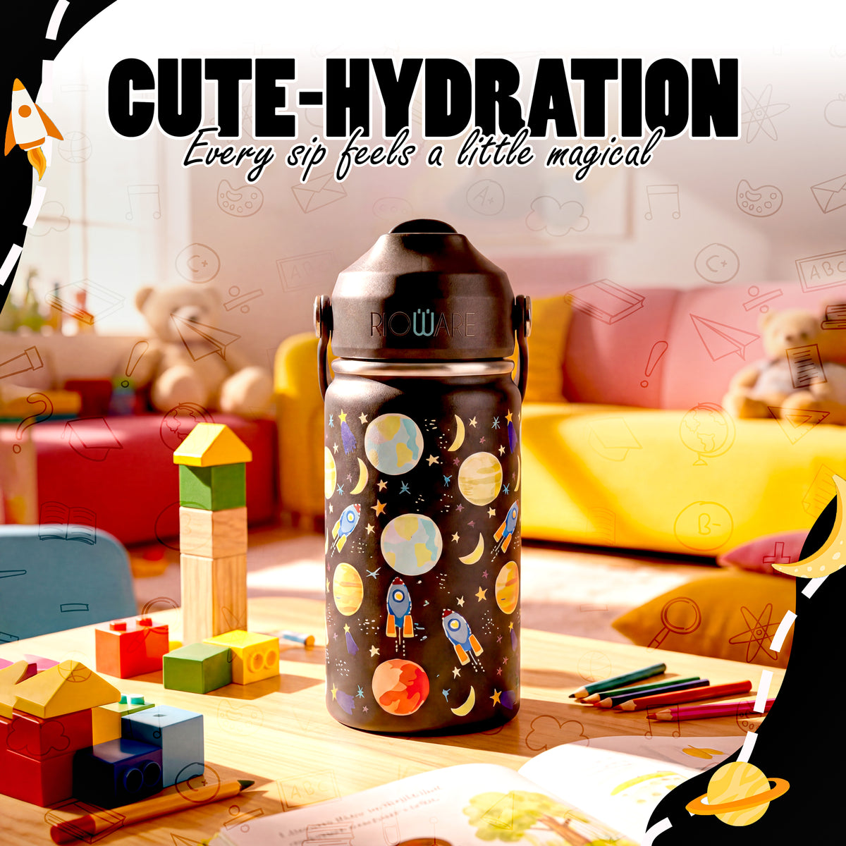Rioware water bottle for Kids girls boys School Insulated Stainless Steel 350ml Upto 12 Years | Double Wall Vacuum | 24 Hrs Cold & 12 Hrs Hot | Leakproof Flip Top with Straw | Carry Loop - Black