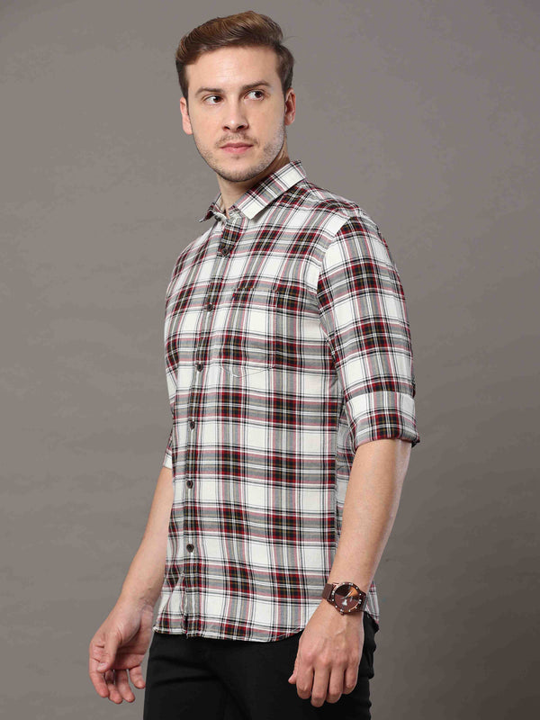 Men's White Slim Fit Checks Full Sleeves Casual Shirts