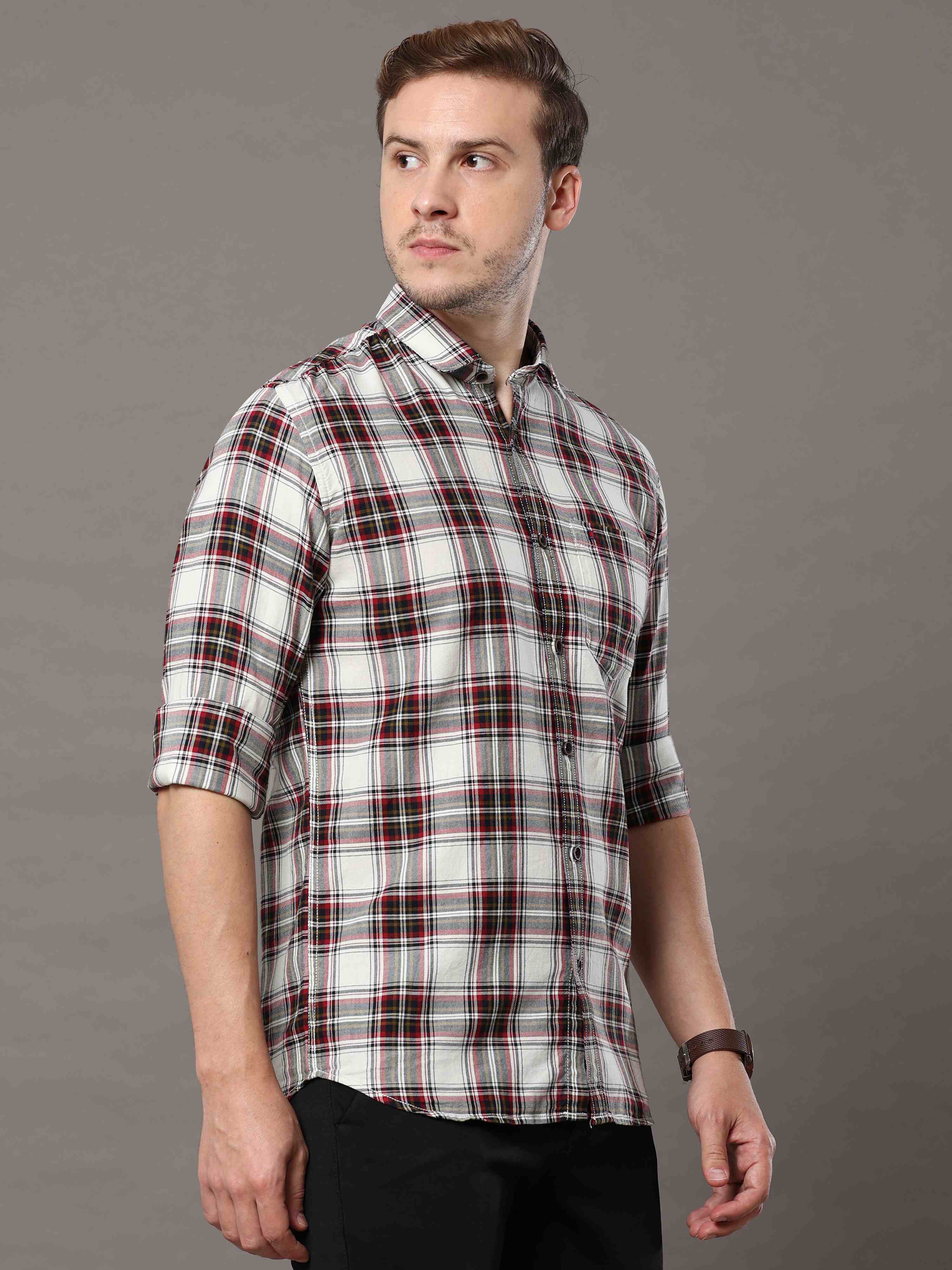 Men's White Slim Fit Checks Full Sleeves Casual Shirts