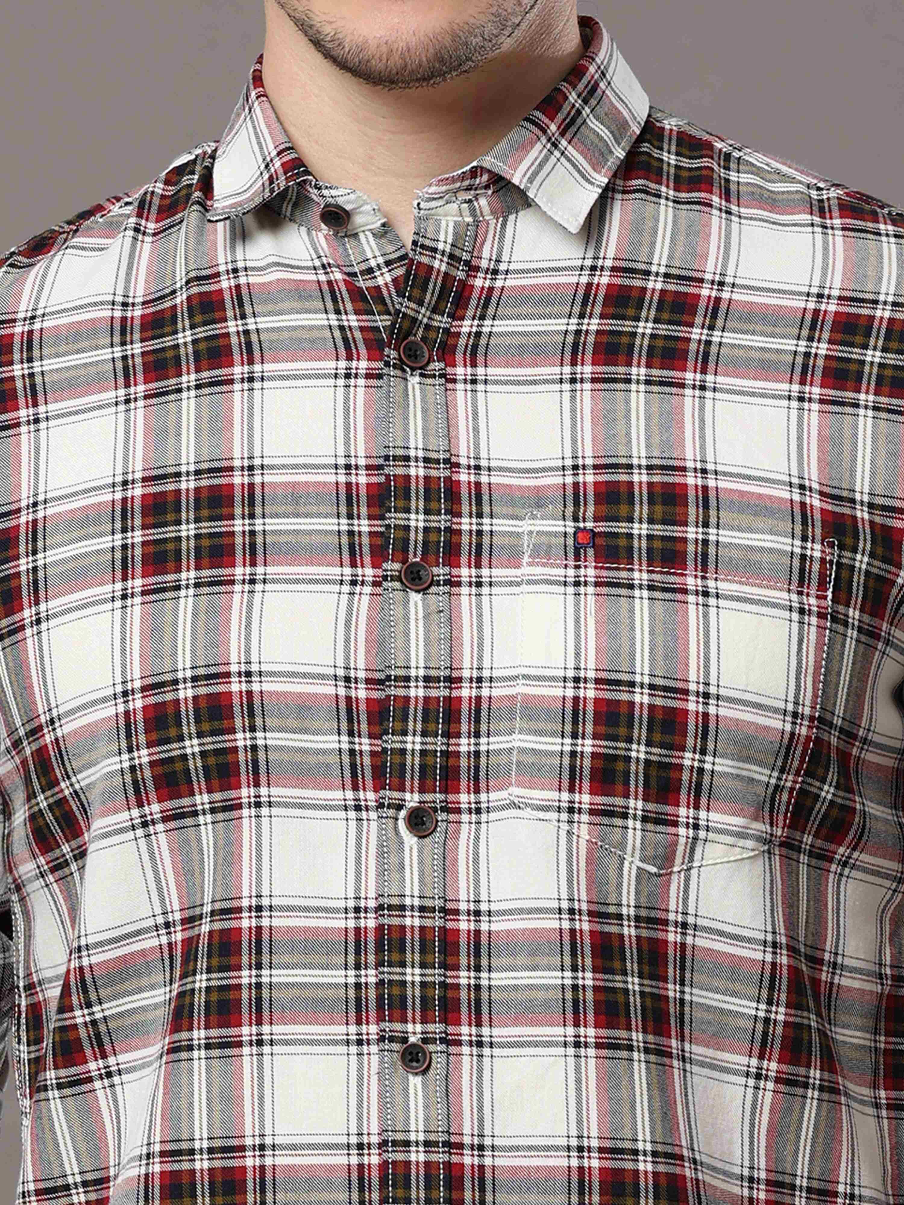 Men's White Slim Fit Checks Full Sleeves Casual Shirts