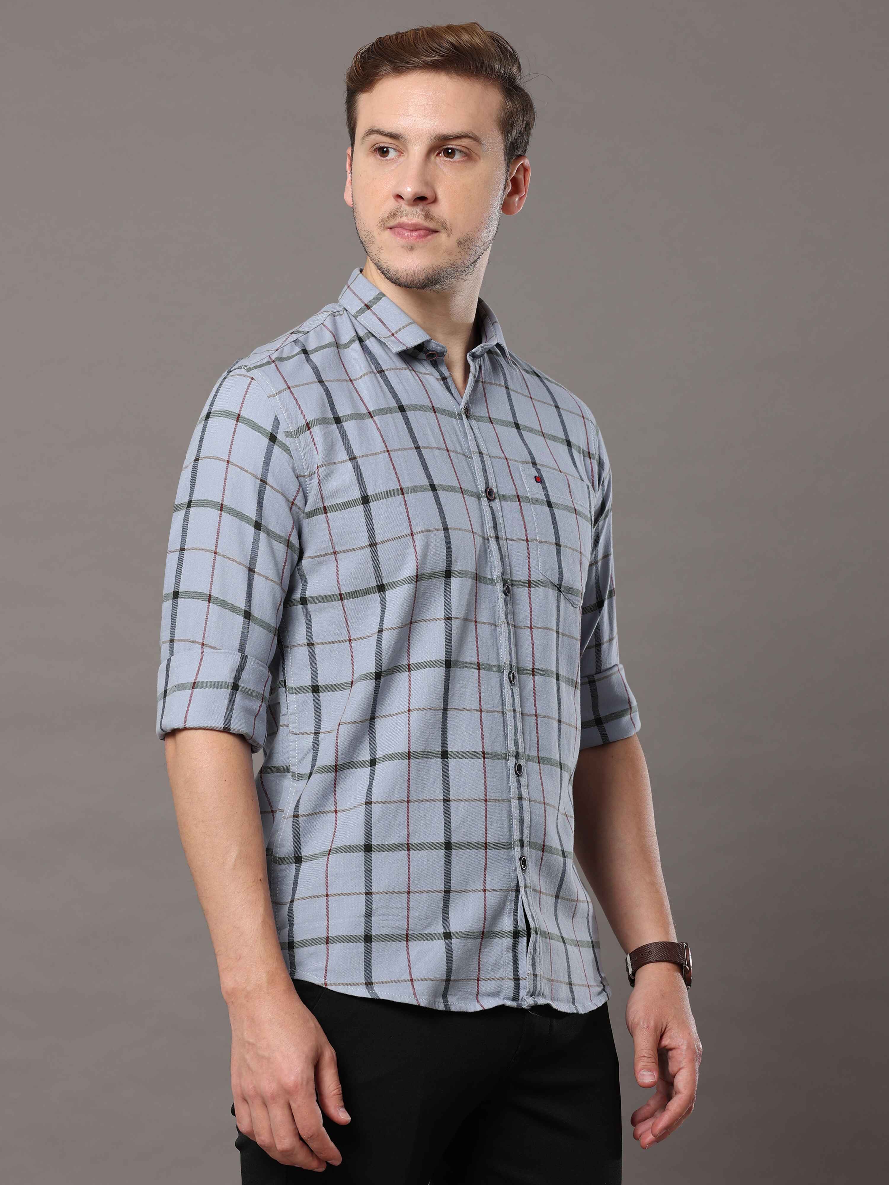 Men's Grey Slim Fit Checks Full Sleeves Casual Shirts