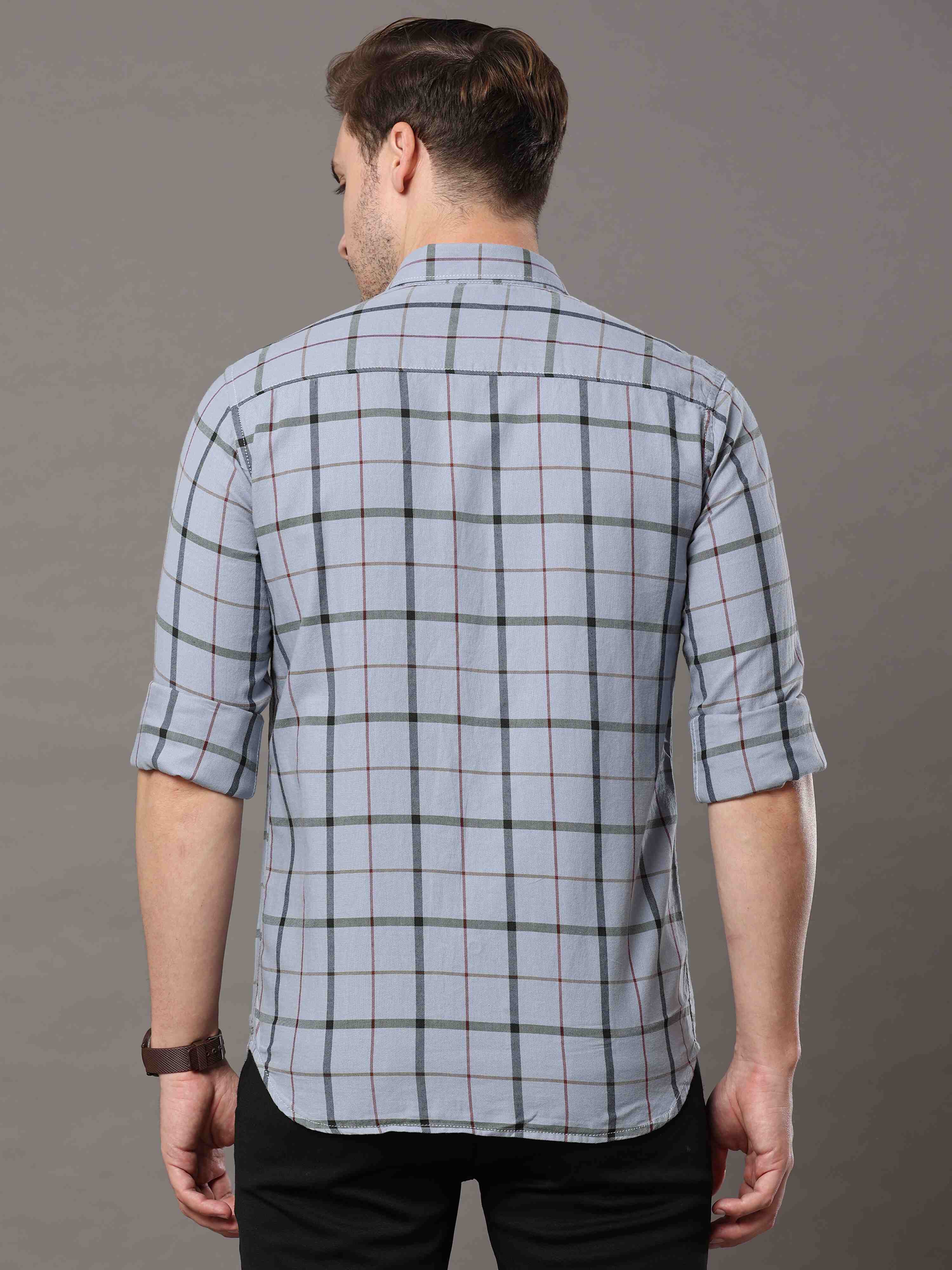 Men's Grey Slim Fit Checks Full Sleeves Casual Shirts