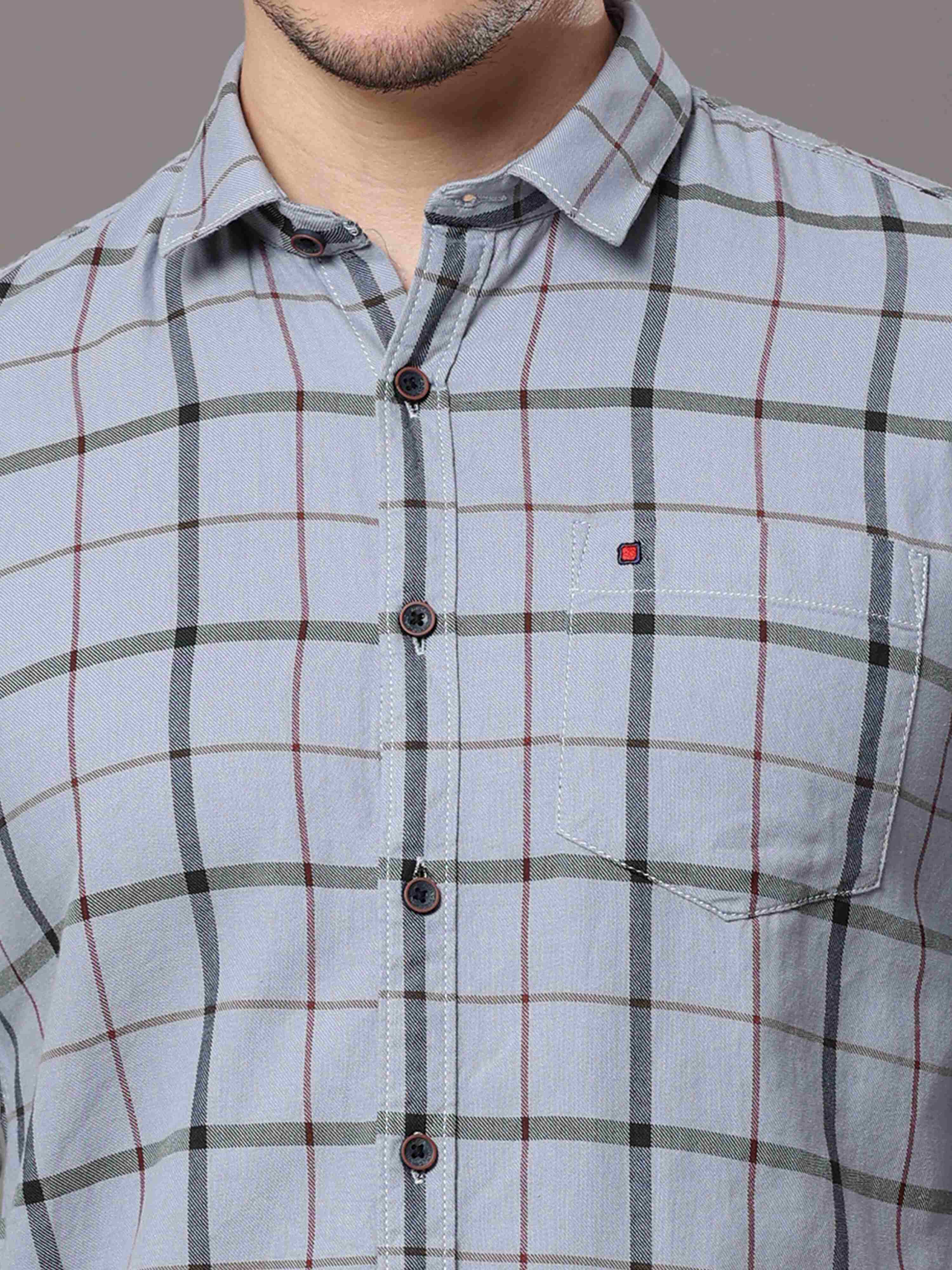Men's Grey Slim Fit Checks Full Sleeves Casual Shirts