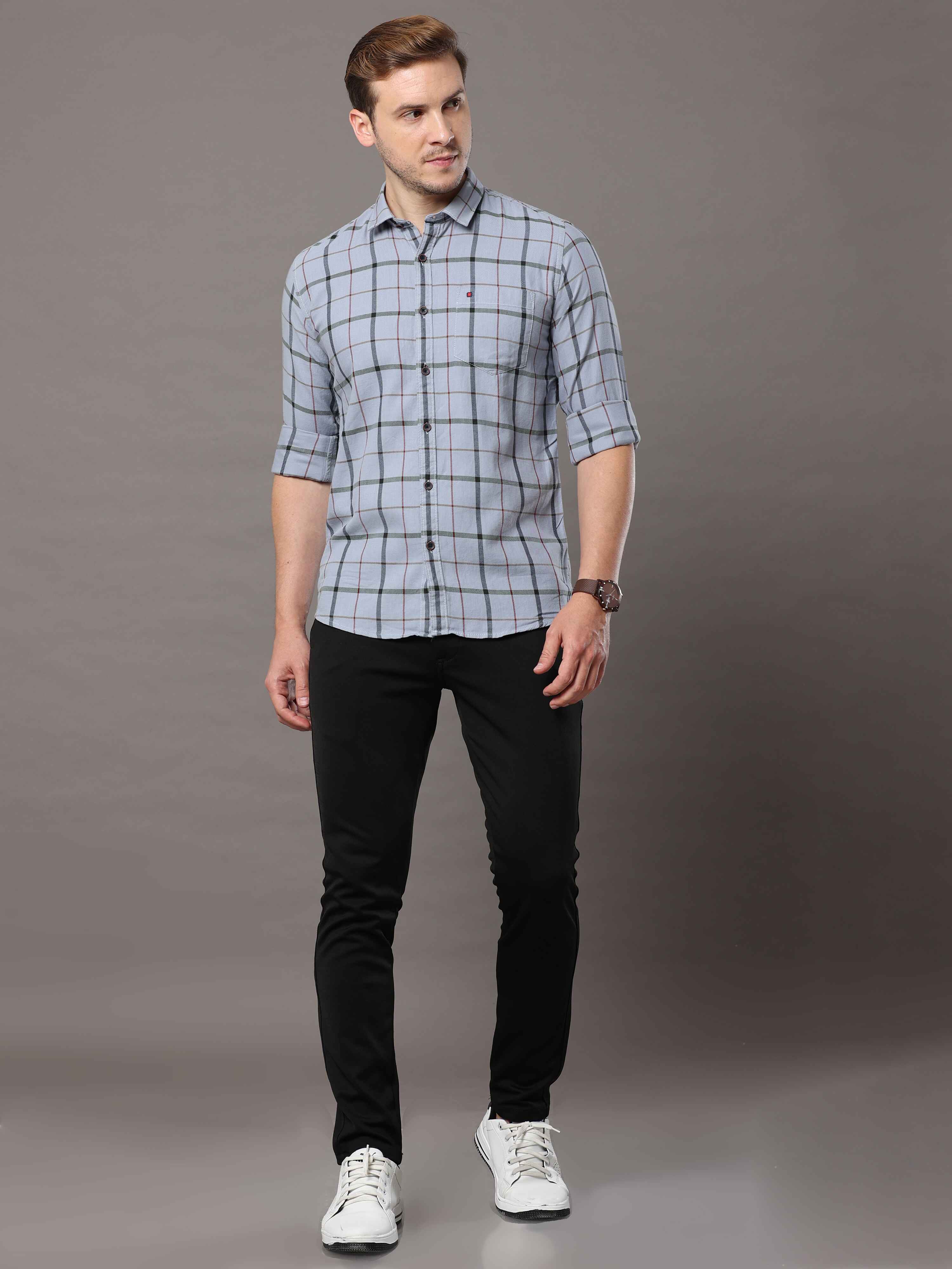Men's Grey Slim Fit Checks Full Sleeves Casual Shirts