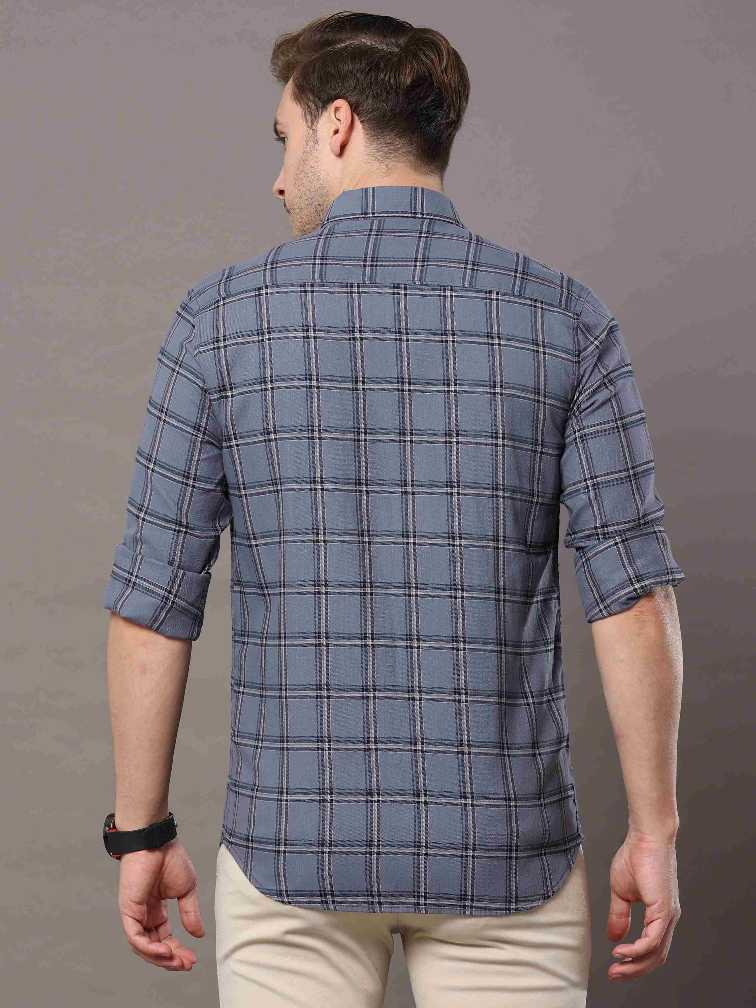 Men's Grey Slim Fit Checks Full Sleeves Casual Shirts
