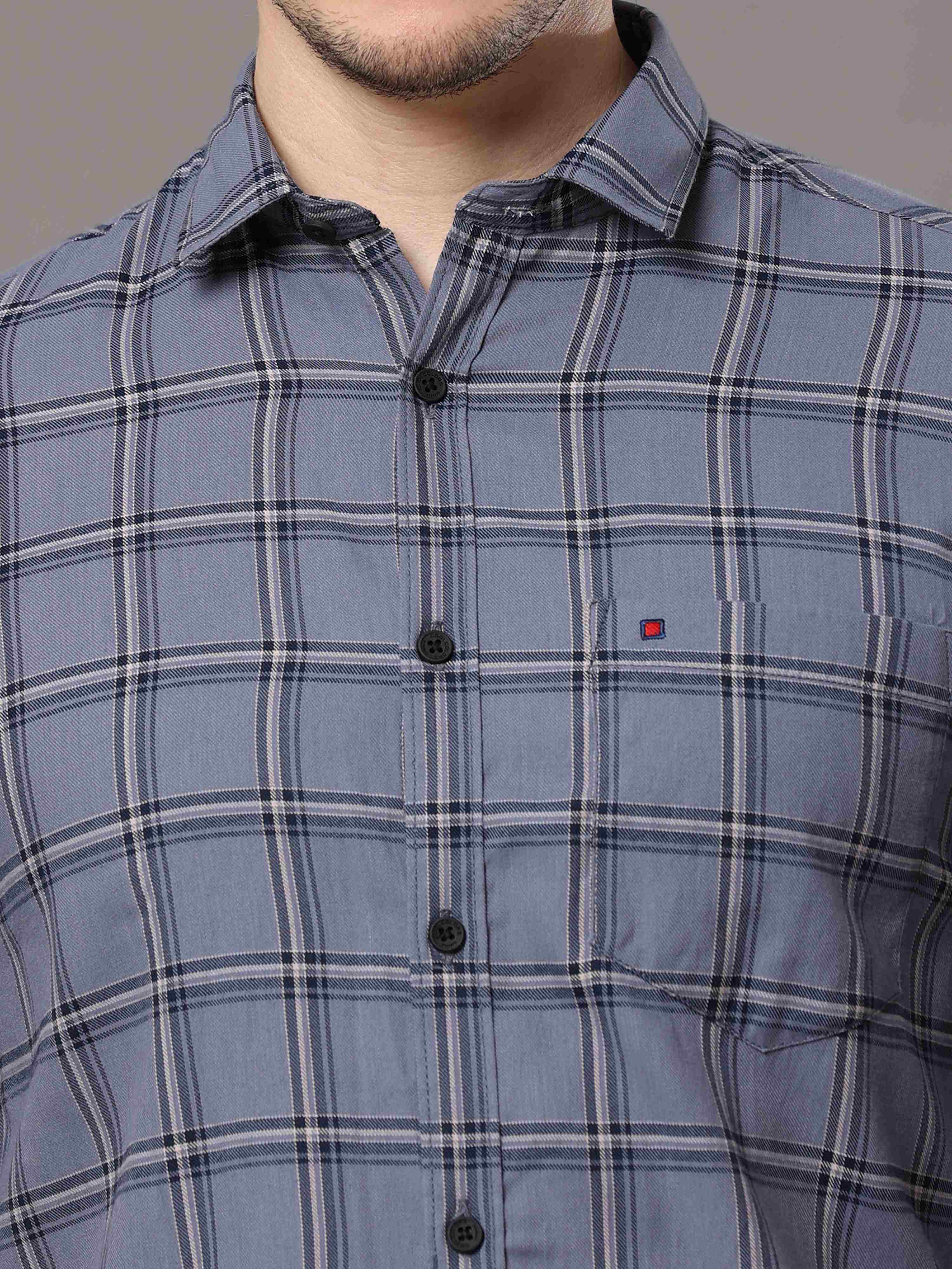 Men's Grey Slim Fit Checks Full Sleeves Casual Shirts