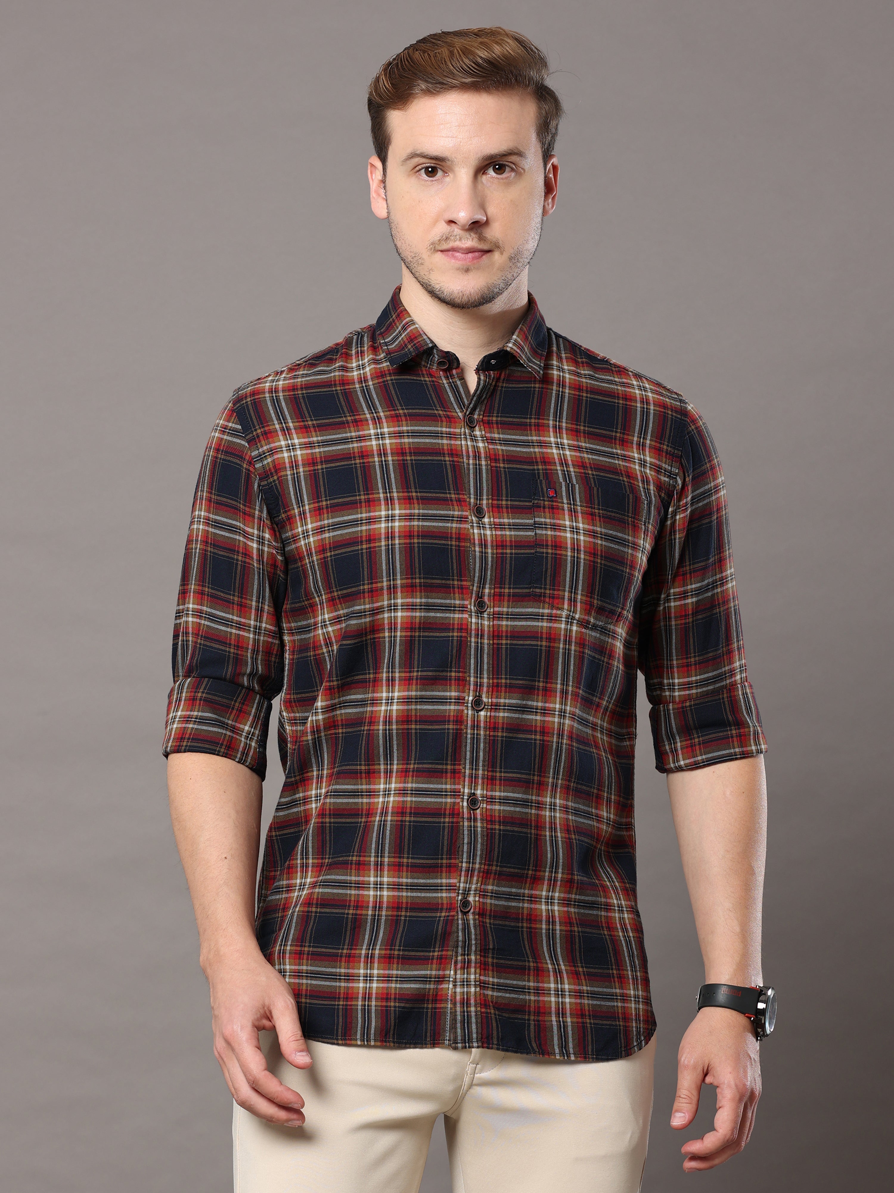 Men's Brown Slim Fit Checks Full Sleeves Casual Shirts